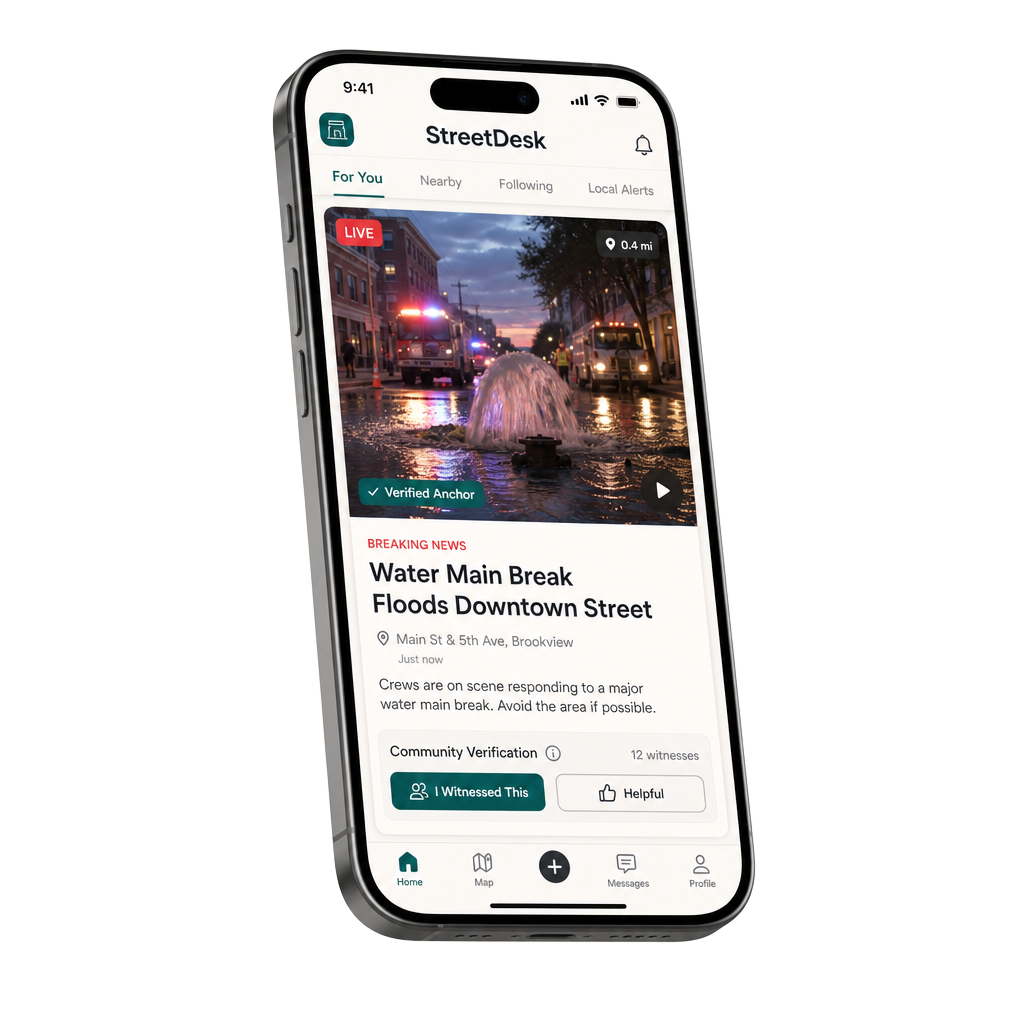 StreetDesk app showing a live local news report of a water main break with verification badges